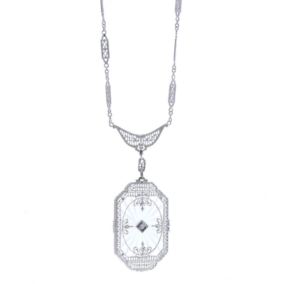 White Gold Diamond & Camphor Glass Filigree Necklace 17 1/4" 14k European Cut